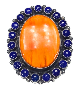 Orange Spiny Oyster Shell & Lapis Ring | Artisan Handmade