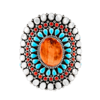 Sunshine Cuff with Coral, Mother of Pearl, Spiny Oyster Shell, & Sleeping Beauty Turquoise | Melvin & Tiffany Jones