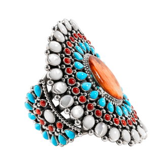 Sunshine Cuff with Coral, Mother of Pearl, Spiny Oyster Shell, & Sleeping Beauty Turquoise | Melvin & Tiffany Jones