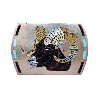 Mother of Pearl, Jett, & Sleeping Beauty Turquoise Ram's Head Belt Buckle | Dale Edaakle